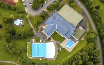 Aerial view, Rothaarbad outdoor pool, Rothaar Wellenfreibad, vertical shot, Bad Berleburg,