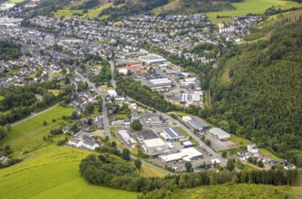 Aerial view, commercial area Unterm Limburg with sewage treatment plant, residential area Bad