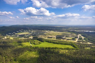 Aerial view, Augustdorf dune field, Senne nature reserve NSG, heathland, distant view and blue sky