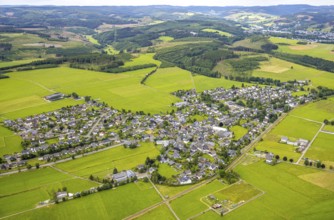 Aerial view, residential area local view Berghausen, forest and meadows hilly landscape with forest