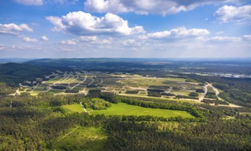 Aerial view, Augustdorf dune field, Senne nature reserve NSG, heathland, distant view and blue sky