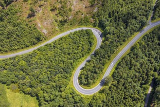 Aerial view, serpentines at the Ochsenkopf between Arnsberg and Sundern in the forest area with