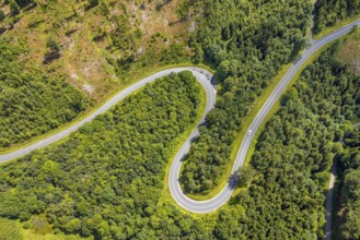 Aerial view, serpentines at the Ochsenkopf between Arnsberg and Sundern in the forest area with