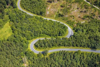Aerial view, serpentines at the Ochsenkopf between Arnsberg and Sundern in the forest area with