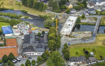 Aerial view, temporary bridge and construction site with new construction of the Dinscheder