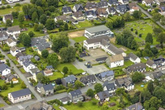 Aerial view, primary school to children's centre and residential area, Berghausen, Bad Berleburg,
