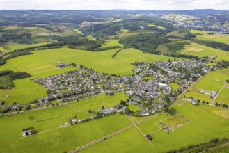 Aerial view, residential area local view Berghausen, forest and meadows hilly landscape with forest