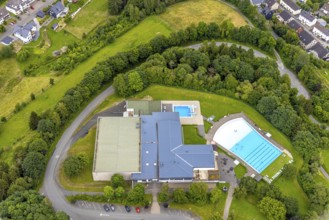 Aerial view, Rothaarbad outdoor pool, Rothaar Wellenfreibad, Bad Berleburg, Wittgensteiner Land,
