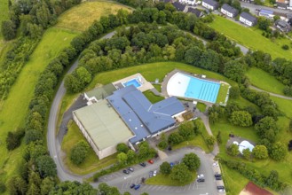 Aerial view, Rothaarbad outdoor pool, Rothaar Wellenfreibad, Bad Berleburg, Wittgensteiner Land,