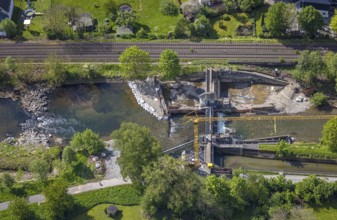 Aerial view, construction site, construction work renovation weir Velmede, Velmede, Bestwig,