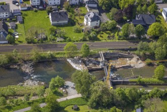 Aerial view, construction site, construction work renovation dam Velmede, Velmede, Bestwig,