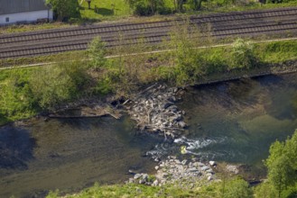 Aerial view, boulders in the river Ruhr, Velmede, Bestwig, Sauerland, North Rhine-Westphalia,