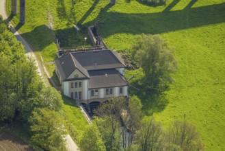 Aerial view, Velmede hydropower plant at the Ruhr Valley Bridge Velmede, Velmede, Bestwig,