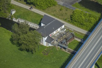 Aerial view, Velmede hydroelectric power station at the Ruhr valley bridge Velmede, Velmede,