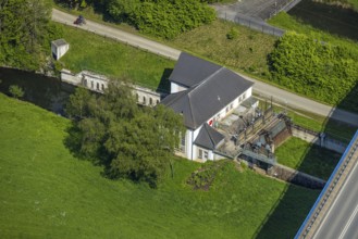 Aerial view, Velmede hydropower plant at the Ruhr Valley Bridge Velmede, Velmede, Bestwig,