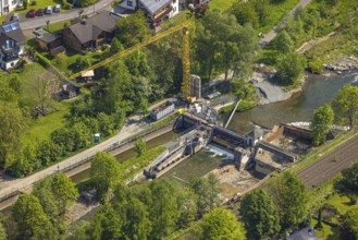 Aerial view, construction site, construction work, renovation of Velmede dam, Velmede, Bestwig,