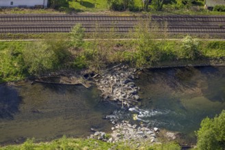 Aerial view, boulders in the river Ruhr, Velmede, Bestwig, Sauerland, North Rhine-Westphalia,