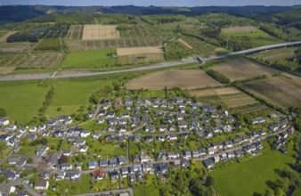 Aerial view, residential area, view of Velmede district surrounded by meadows and fields, tree