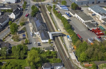 Aerial view, Bestwig railway station, Deutsche Bahn AG, construction site with construction crane,