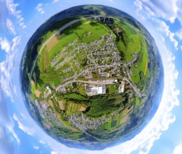 Aerial view, residential area view of Nuttlar and federal road B7 with commercial area Vermeer