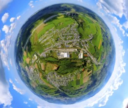 Aerial view, residential area, view of Nuttlar and federal road B7 with industrial estate Vermeer