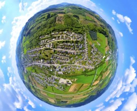 Aerial view, residential area local view Velmede, forest area with tree plantations, globe, fisheye