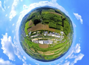 Aerial view, industrial area Im Öhler, logistics centre Spediiton Häger, hilly landscape, forest