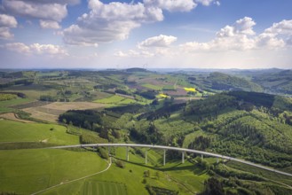 Aerial view, valley bridge Schormecke of the federal road B480 near Nuttlar, hilly landscape with