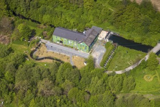Aerial view, old hydroelectric power station Alfert, NaturRanger e.V., and green house painted with