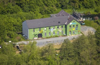 Aerial view, Altes Wasserkraftwerk Alfert, NaturRanger e.V., and green house painted with animals