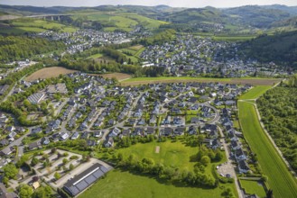 Aerial view, residential area local view Bestwig, Ostwig and Nuttlar with motorway A46 viaduct