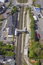 Aerial view, Bestwig railway station, Deutsche Bahn AG, construction site with construction crane,