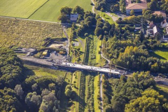 Aerial view, bypass construction site with bridge construction of the state road L821n over the