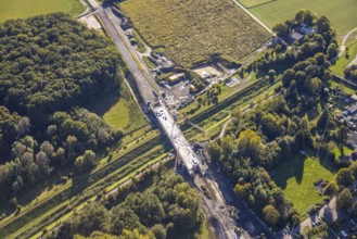 Aerial view, bypass construction site with bridge construction of the state road L821n over the