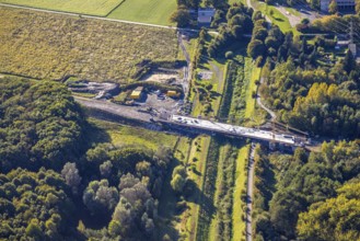 Aerial view, bypass construction site with bridge construction of the state road L821n over the