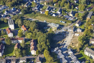 Aerial view, construction site with new building AWO Kita Lippestrolche Kindergarten an der