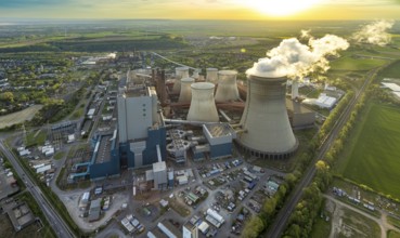 Aerial view, Niederaussem lignite-fired power plant, power plant site of RWE Power AG, cooling