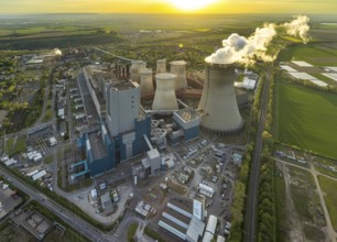 Aerial view, Niederaussem lignite-fired power plant, power plant site of RWE Power AG, cooling