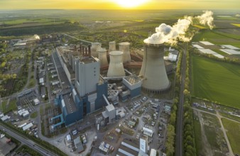 Aerial view, Niederaussem lignite-fired power plant, power plant site of RWE Power AG, cooling