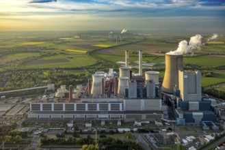 Aerial view, lignite-fired power plant Niederaussem, power plant site of RWE Power AG, cooling
