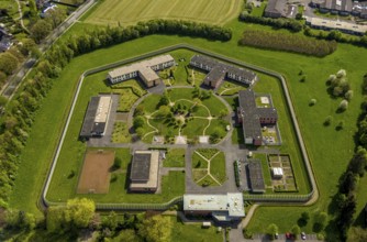 Aerial view, Forensic Psychiatry - LVR Clinic, special psychiatric facilities, circular garden,