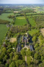 Aerial view, Museum Schloss Moyland, neo-Gothic moated castle and castle park surrounded by meadows