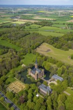 Aerial view, Museum Schloss Moyland, neo-Gothic moated castle and castle park surrounded by meadows