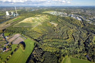 Aerial view, Bergkamen power station and Großes Holz waste rock pile, forest area on the