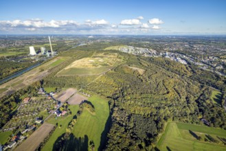 Aerial view, Bergkamen power station and Großes Holz slag heap, forest area on the Datteln-Hamm