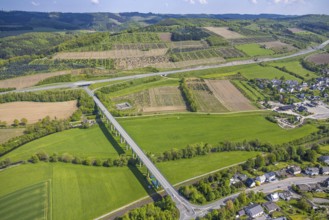 Aerial view, Ruhr valley bridge Velmede and motorway A46 junction Bestwig, tree plantations meadows