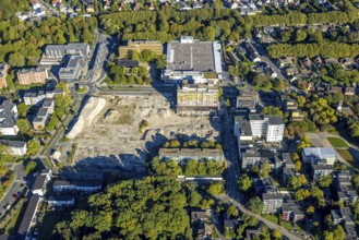 Aerial view, construction site with demolition of the former Turmarkaden, planned Berg Karree, town