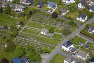 Aerial view, Nuttlar cemetery burial ground and cemetery chapel, Zum Kreuzberg, Nuttlar, Bestwig,
