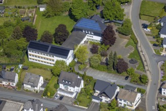 Aerial view, Nuttlar primary school with solar roof, Nuttlar, Bestwig, Sauerland, North