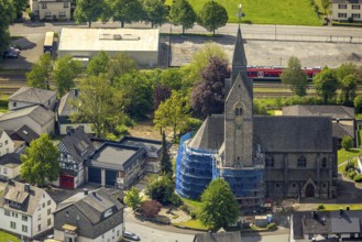 Aerial view, cat. Church of St. Anna, partial covering and scaffolding due to renovation work,